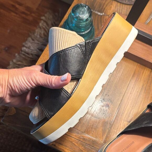 Lucky Brand 🍀 Black Leather and Cream Platform Sandals - Picture 11 of 12